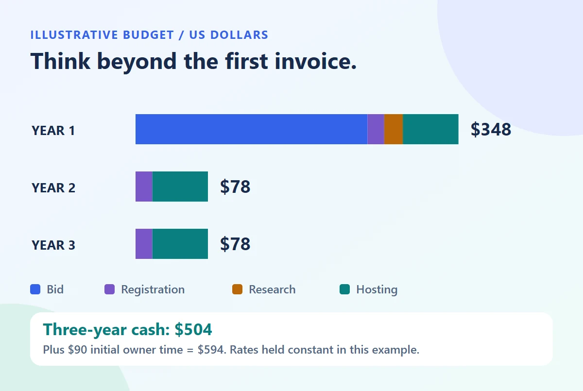 Stacked bars show $348 cash in year one, then $78 in each of years two and three. The three-year cash total is $504; $90 of initial owner time is separate.