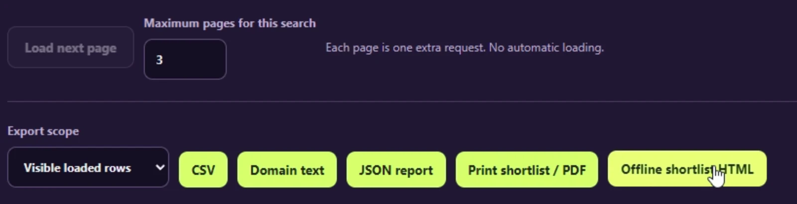 The console export controls for CSV, domain text, JSON report, PDF and offline HTML, with visible loaded rows selected.
