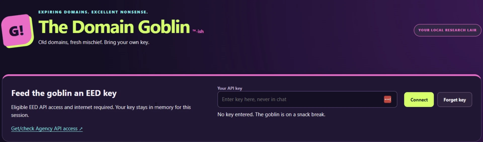 The Domain Goblin console with an empty EED API key field and a Connect button.