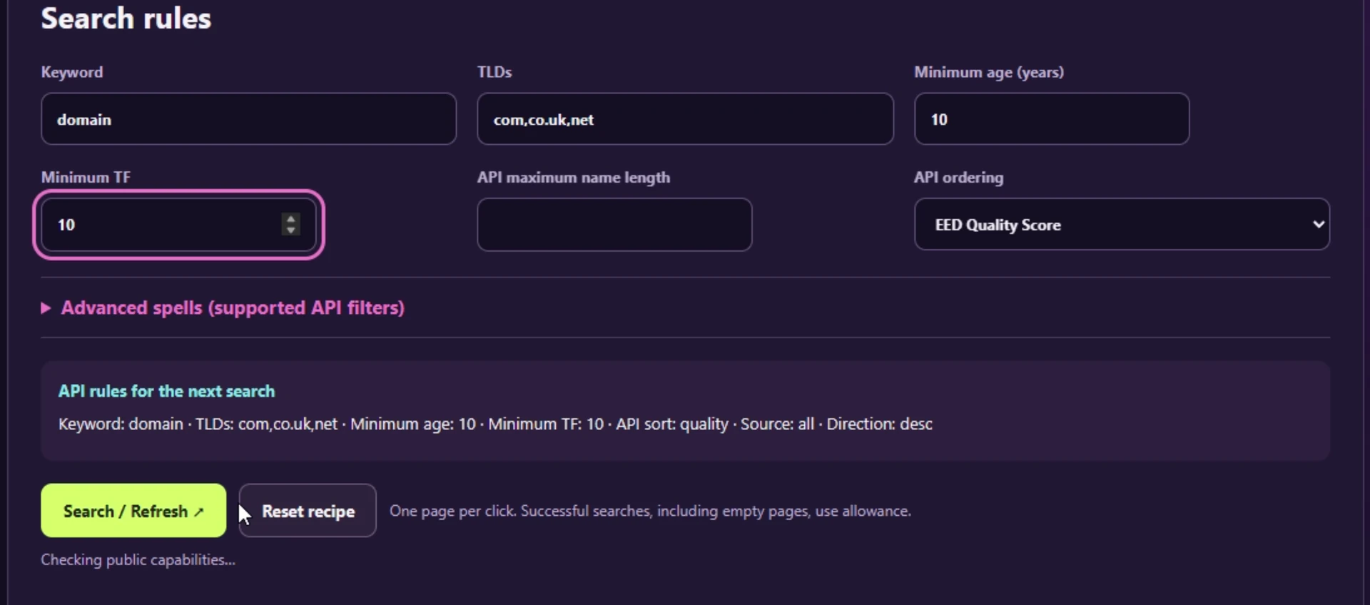 Domain search rules with keyword domain, com/co.uk/net extensions, minimum age ten years and minimum Trust Flow ten.